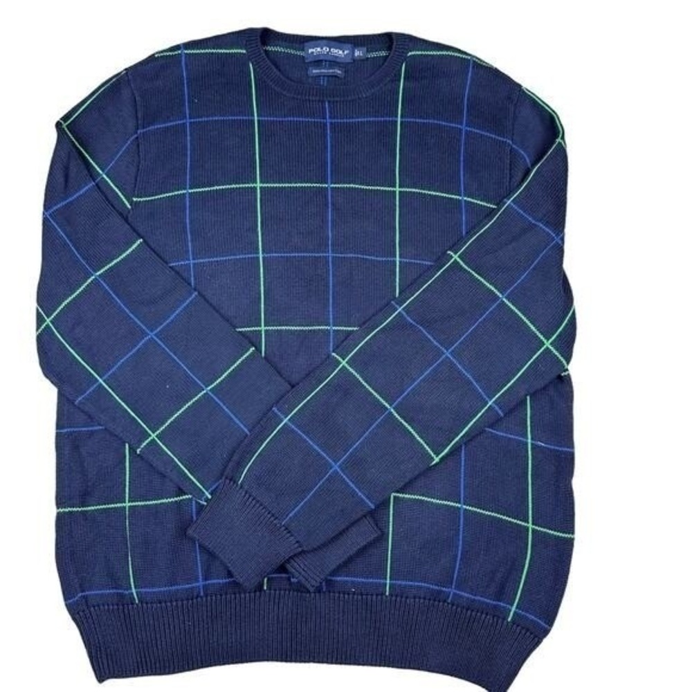 Polo Golf Ralph Lauren Mens L Navy Blue Windowpane Plaid Pima Cotton Sweater‎